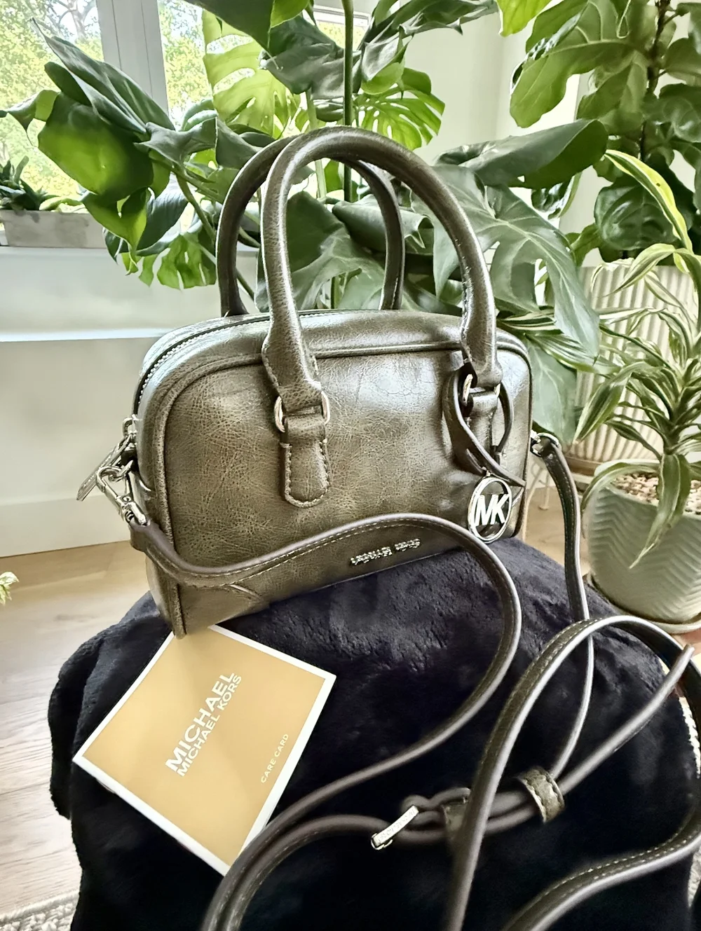 Michael Kors Olive Green Leather Satchel with MK Charm